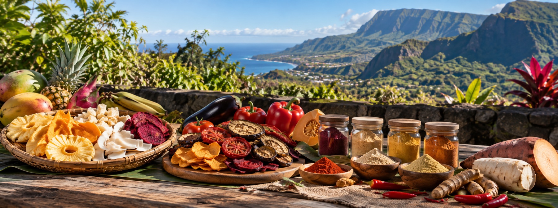 Paysage de La Réunion, fruits et épices séchés
