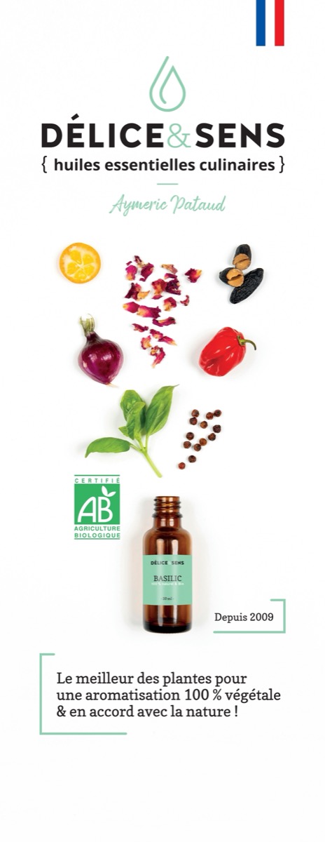 Kakémono Délice & Sens : flacon d'huile essentielle de basilic, certification AB, depuis 2009